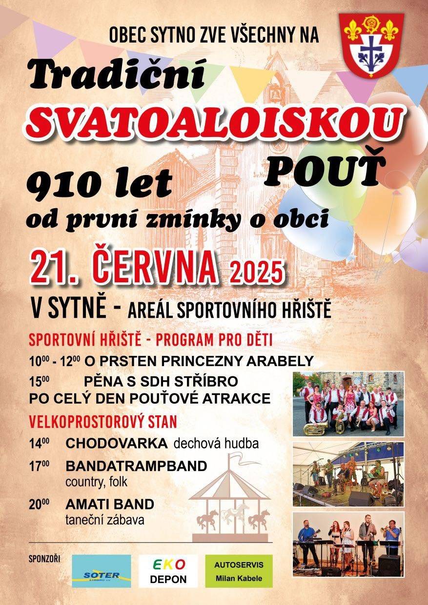 Přijměte pozvání na tradiční sytenskou pouť, která se bude konat dne 21. 6. 2025 😊 Více informací viz plakát ⬇️