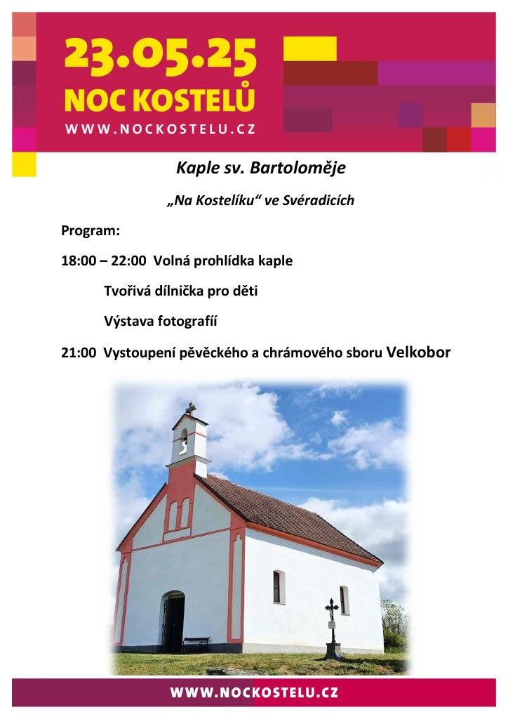 🌙 Noc kostelů v kapli sv. Bartoloměje – pátek 23. května 2025 🌟 Srdečně vás zveme do kaple sv. Bartoloměje Na Kostelíku, která se v rámci Noci kostelů otevře veřejnosti v pátek 23. května od 18:00 do 22:00. 🔹 Po celou dobu bude kaple volně přístupná k prohlídce a zastavení. 🔹 Připravena bude ke zhlédnutí výstava fotografií o historii kaple. 🔹 Pro děti bude připraven tvořivý koutek – malování na kamínky nebo výroba ozdob z korálků. 🔹 Po 21. hodině zazní v kapli zpěv při svíčkách – vystoupí Pěvecký a chrámový sbor Velkobor. Přijďte prožít klidný večer, spočinout v tichu a kráse našeho kostelíku a užít si duchovní i kulturní zážitek.  Těšíme se na vás!