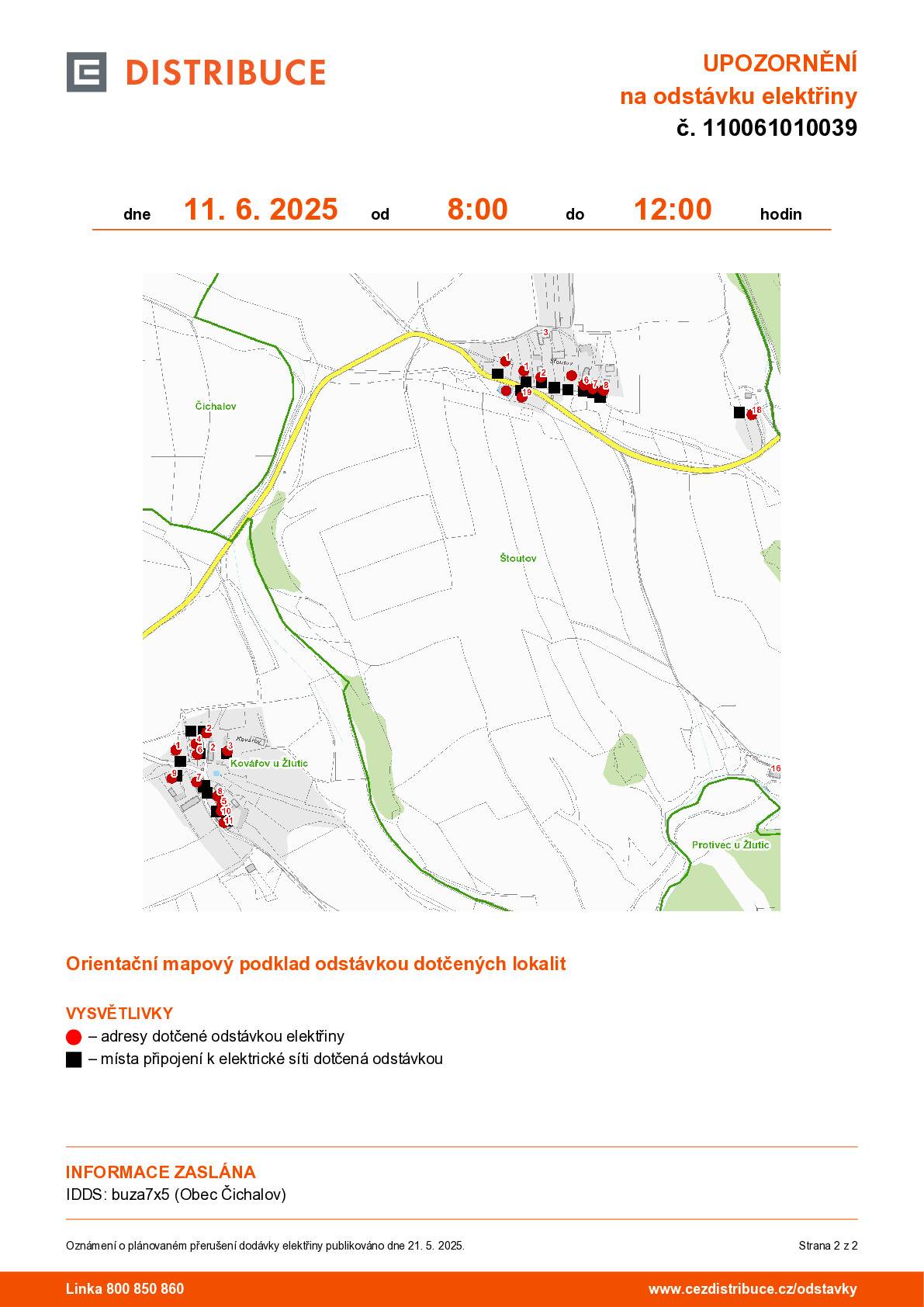 Dovolte, abychom Vás informovali o plánovaném přerušení dodávky elektrické energie v částí obce Štoutov a Kovářov dne 11. 6. 2025 od 8:00 do 12:00