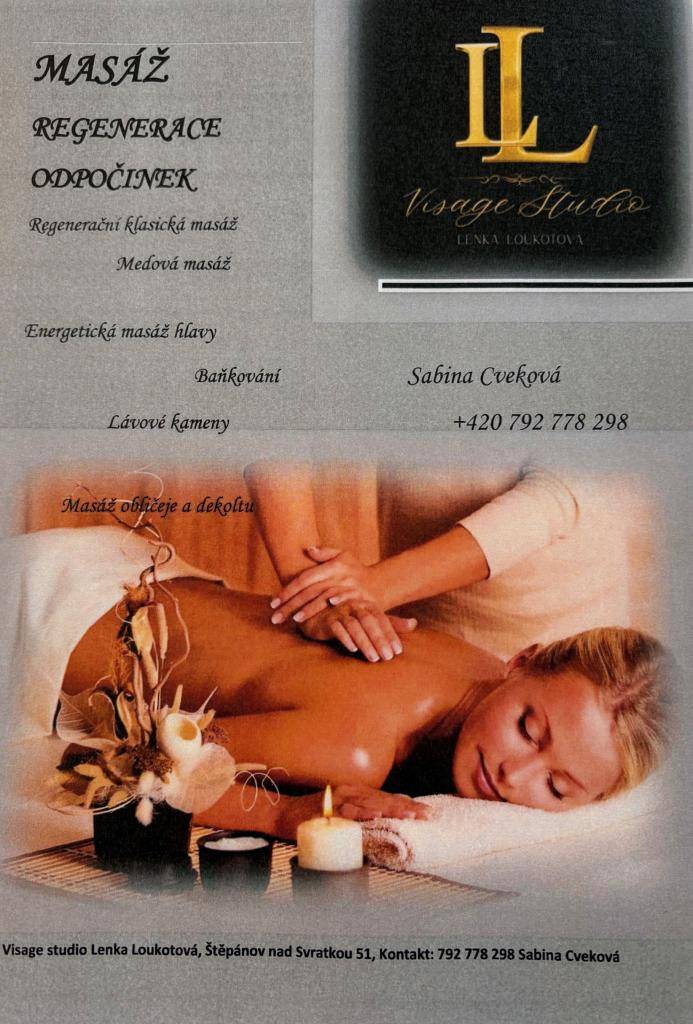 Nabízíme širokou škálu regeneračních masáží, včetně klasické, medové a energetické masáže hlavy. Navštivte naše Visage studio a dopřejte si zasloužený odpočinek a relaxaci. Pro více informací a rezervace nás kontaktujte na telefonním čísle 420 792 778 298.