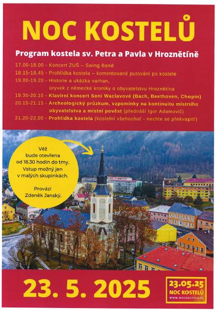 Zveme Vás na Noc kostelů v Hroznětíně, kde se můžete těšit na koncerty, prohlídky a přednášky. Akce proběhne 23. května 2025 od 17 hodin.