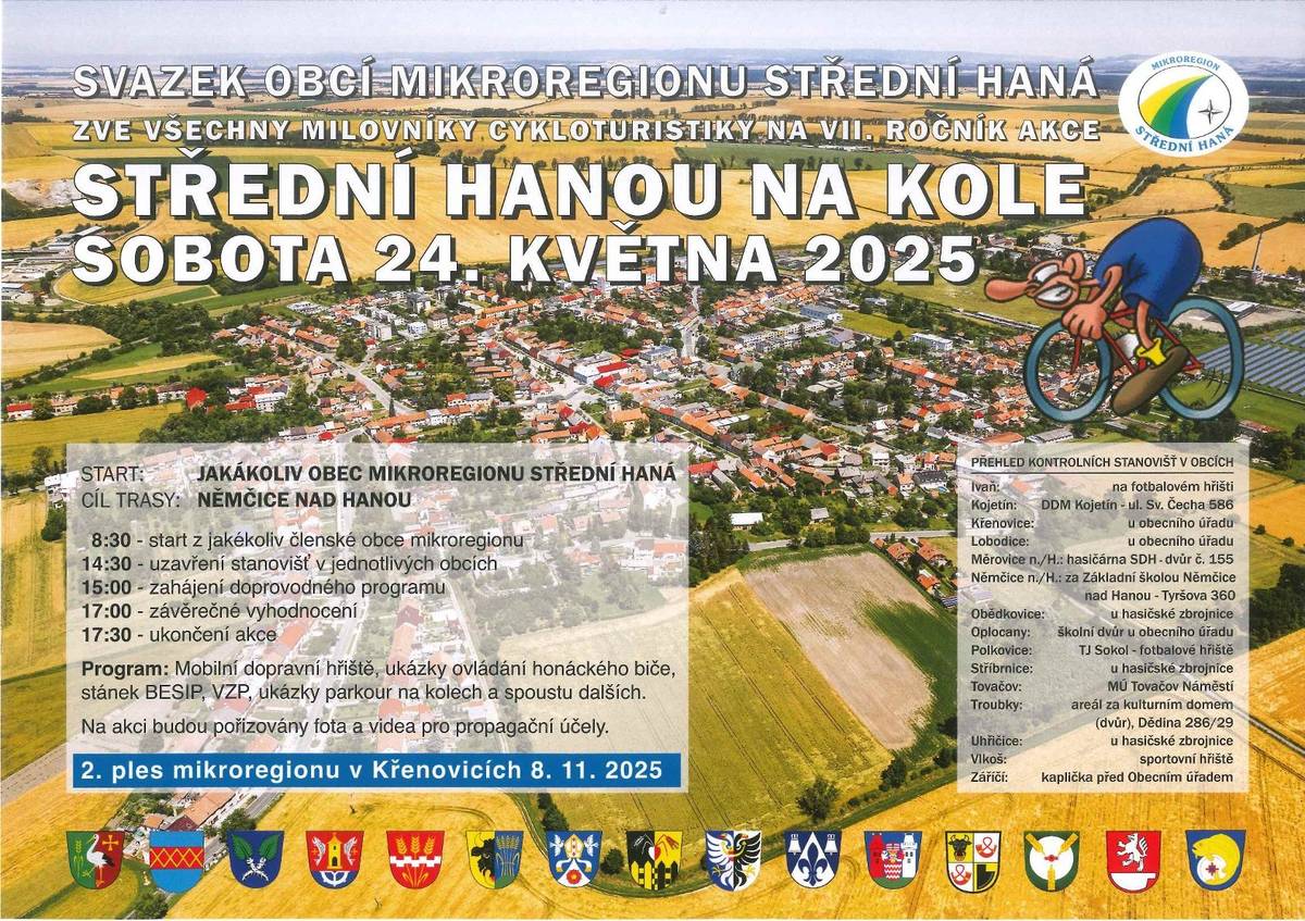 Zveme vás na akce, které se konají 24.5. - Střední Hanou na kole start z náměstí od 8:30h, Den přírody od 13h na zahradě myslivec. domu, Výstava plastikových modelů PLASTIC PEOPLE of Tovačov ve sportovní hale od 9:00h. Jízda historickým vlakem se 24.5. NEKONÁ.