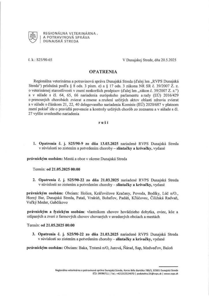 RVPS Dunajská Streda - Opatrenie slintačka, krívačka /zrušenie/