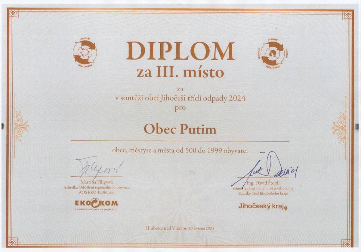 Obec Putim v soutěži Jihočeši třídí odpady 2024 získala krásné 3. místo! Děkujeme všem občanům za skvělou spolupráci a zodpovědný přístup k třídění odpadu.  Obec Putim  už dokázala, že to umí- pojďme společně pokračovat a být ještě lepší!  TŘIĎME DÁL- MÁ TO SMYSL!