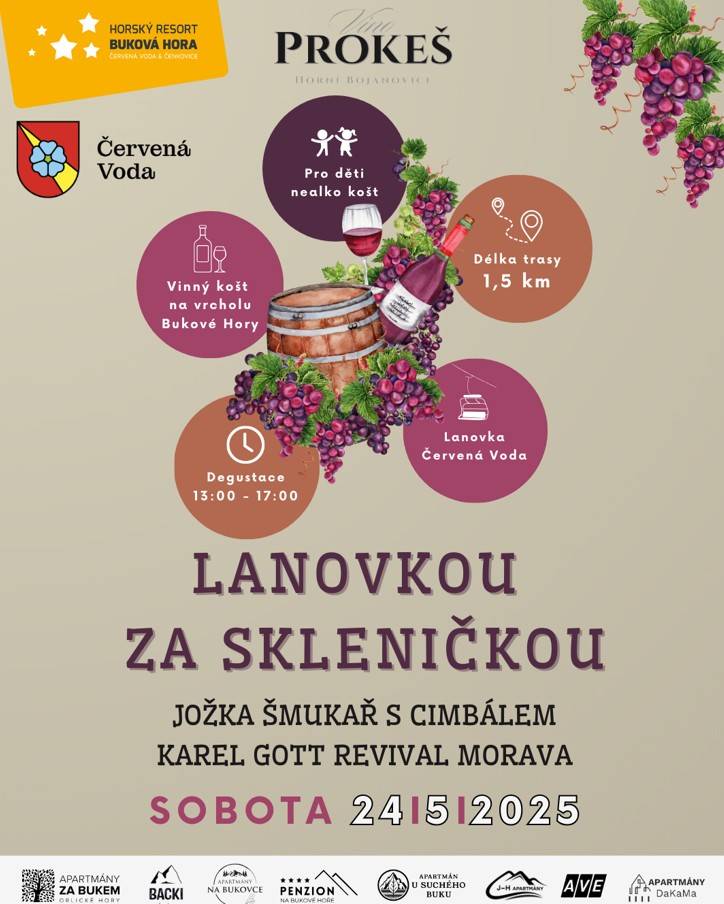 Pozvánka na víkendovou akci „Lanovkou za skleničkou“, která se uskuteční již tuto sobotu 24. května 2025 v Horském resortu Bukovka v Červené Vodě. Návštěvníky čeká jízda lanovkou, ochutnávka vybraných vín, místní speciality a příjemná atmosféra v srdci hor. Je pamatováno i na nejmenší. Vstupné 590,-