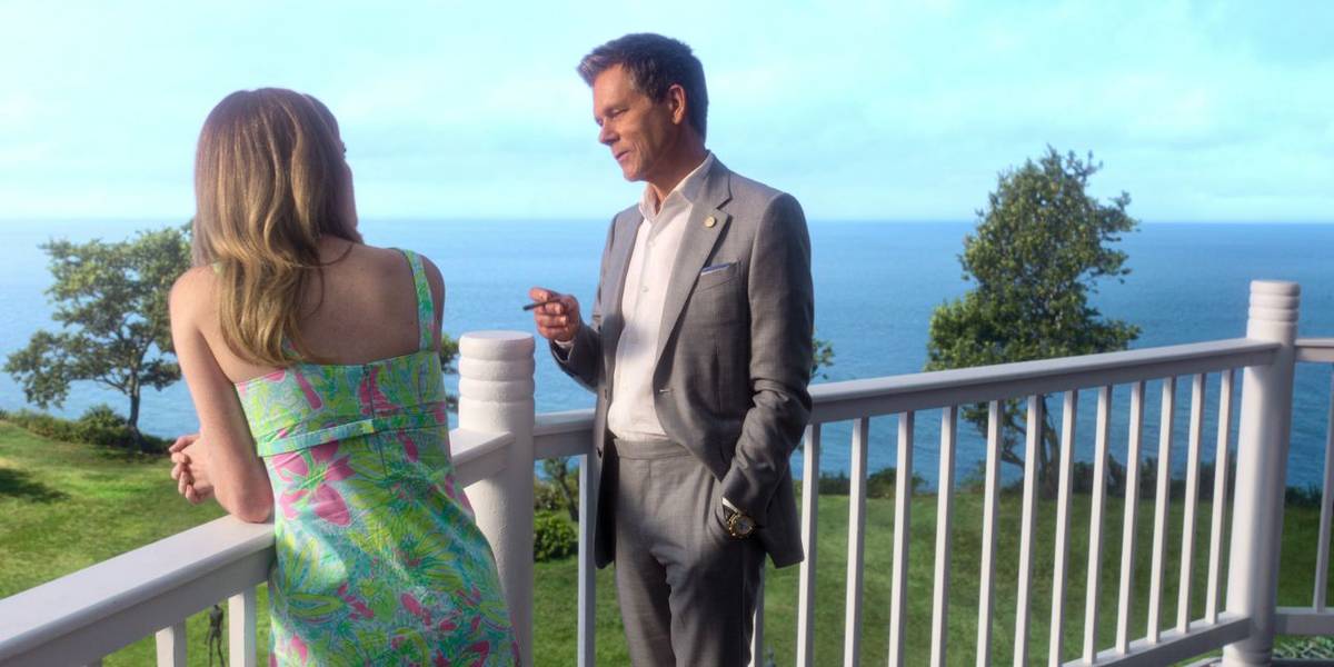 Sirens. (L to R) Meghann Fahy as Devon, Kevin Bacon as Peter Kell in episode 102 of Sirens. Cr. Courtesy of Netflix © 2025