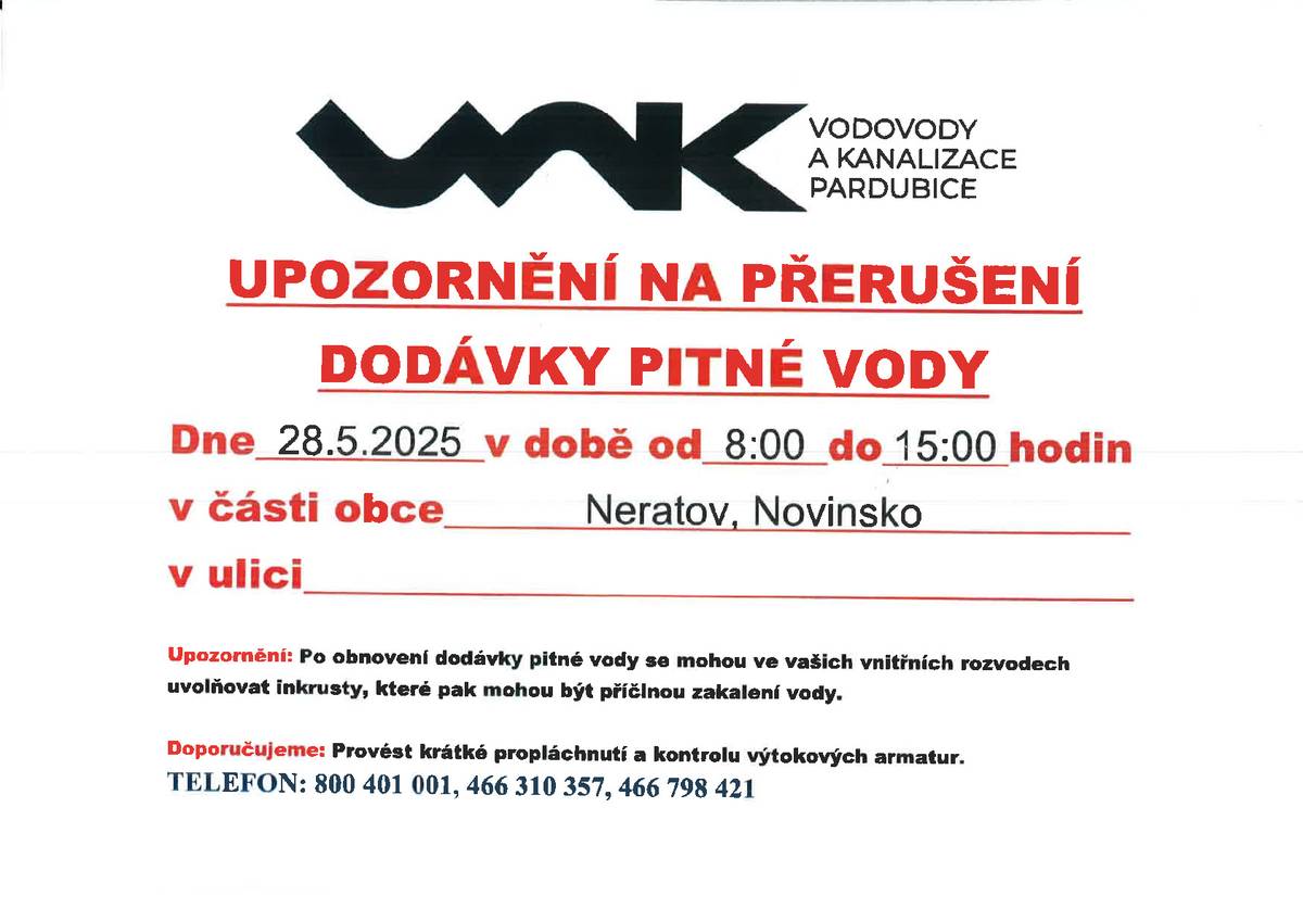 Upozornění na přerušení dodávky pitné vody dne 28.5.2025 v době od 8:00 do 15:00 hodin v části obce Neratov, Novinsko.