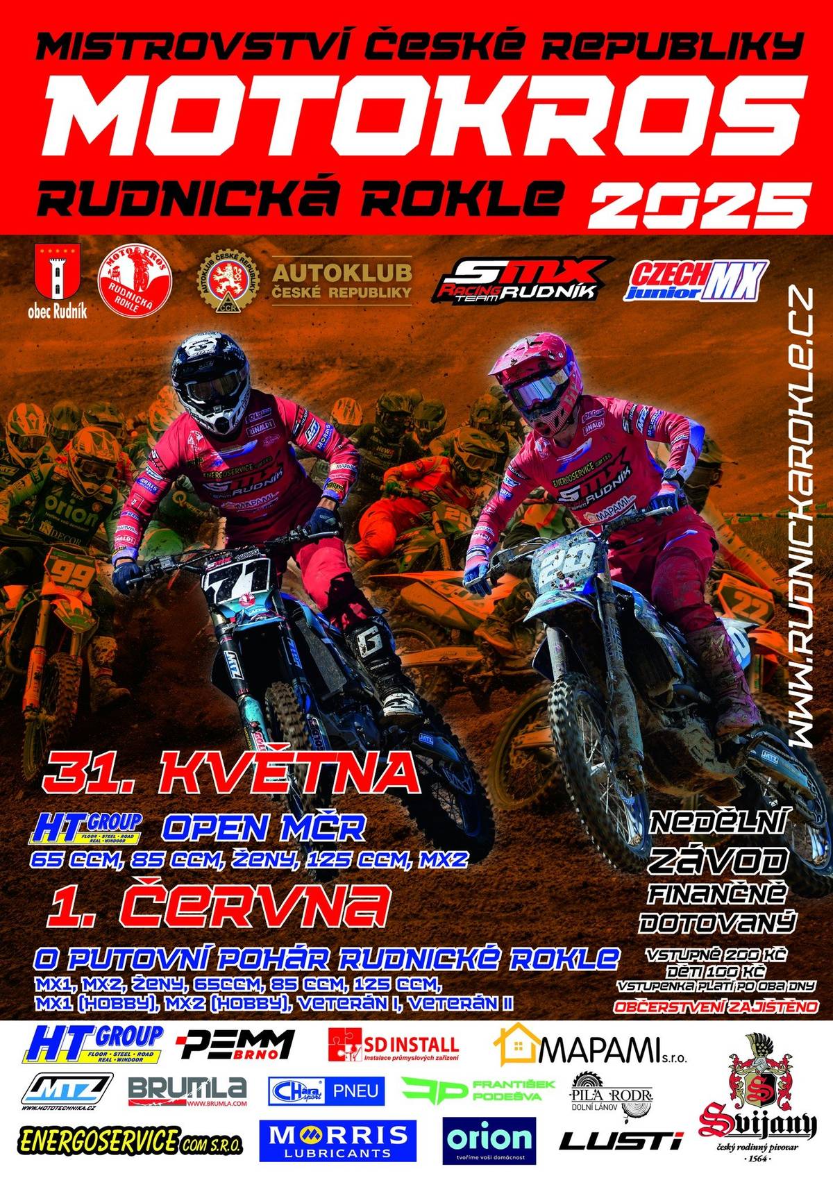 Zveme fanoušky motokrosu i širokou veřejnost na MMČR JUNIORŮ A ŽEN.   📅 sobota 31. května 2025 📍 Rudník – trať Rudnická rokle   Zveme všechny jezdce, fanoušky motokrosu i širokou veřejnost na jubilejní X. ročník motokrosového závodu  🏆 O PUTOVNÍ POHÁR RUDNICKÉ ROKLE!   📅 neděle 1. června 2025 📍 Rudník – trať Rudnická rokle   V nabité konkurenci nebude chybět ani domácí jezdec Daniel MANDYS (SMX Racing Team Rudník), který se postaví na startovní rošt s odhodláním udržet trofej 🏆 na domácí půdě.   🍔 Bohaté občerstvení zajištěno. 💰 Vstupné 200Kč/100Kč (platnost po celý víkend)   Přijďte si užít víkend plný adrenalinu, rychlosti a motokrosových soubojů v jedinečné atmosféře Rudnické rokle!   Těšíme se na vás. SMX Racing Team Rudník, Rudnická rokle