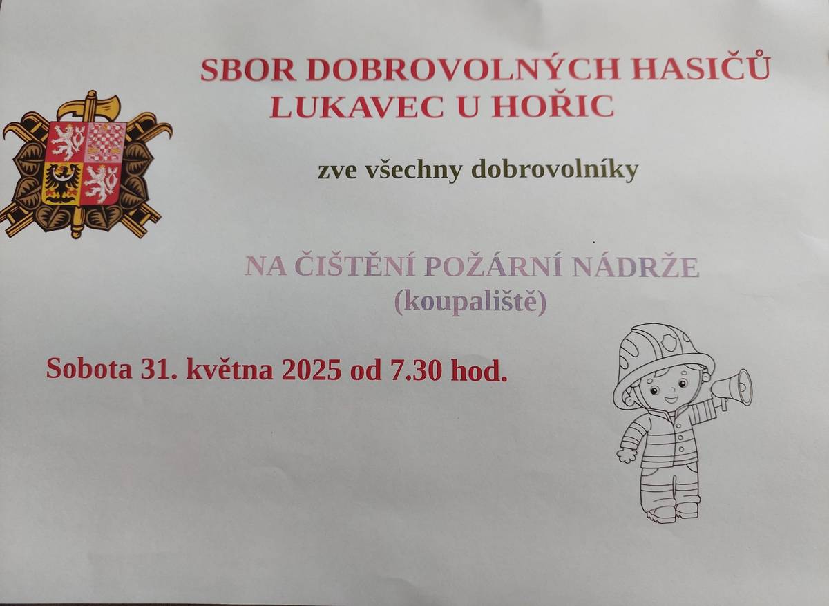 V sobotu 31.5. 2025 proběhne v 7:30 čištění požární nádrže.  Každá pomocná ruka bude vítána.