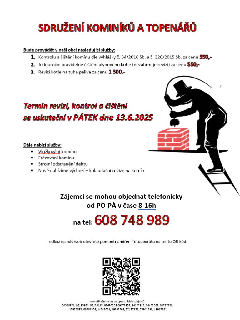 Termín revizí, kontrol a čištění   se uskuteční v PÁTEK dne 13.6.2025