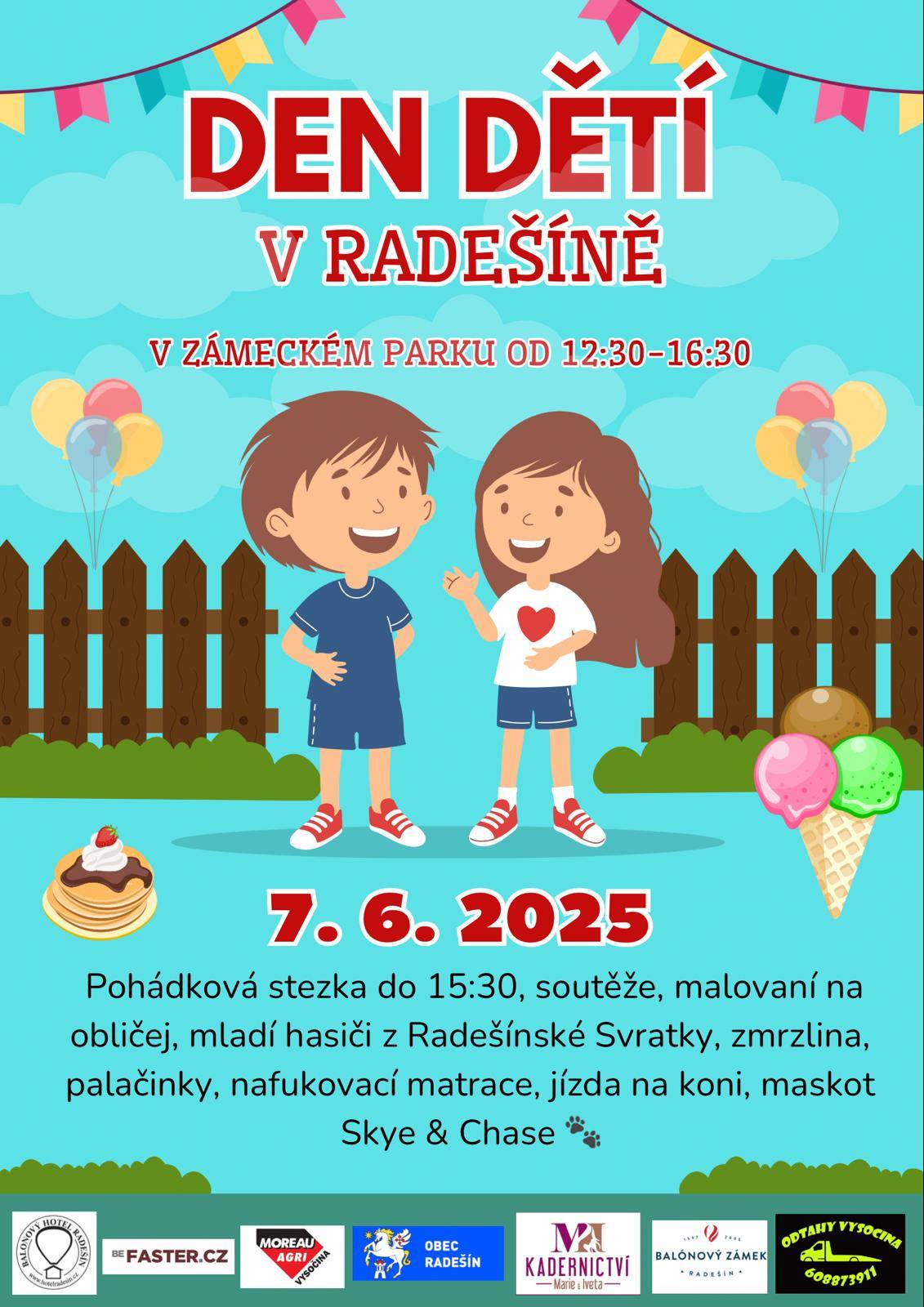 Srdečně zveme na DĚTSKÝ DEN -  7. 6. 2025 od 12.30 - 16.30. Bohatý program a zábava pro děti, více info na webu obce. Přijďte se pobavit.