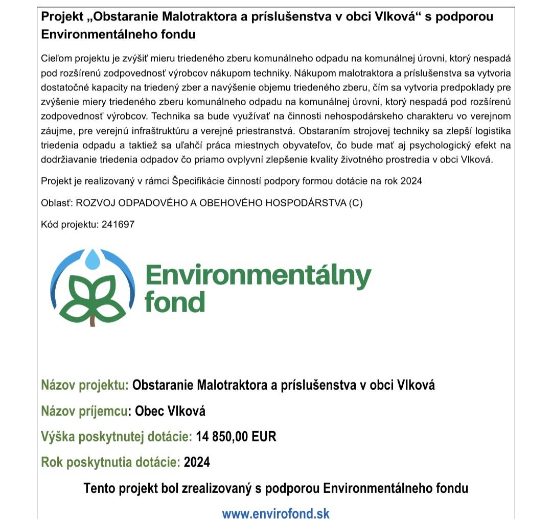 "Obstaranie Malotraktora a príslušenstva v obci Vlková"