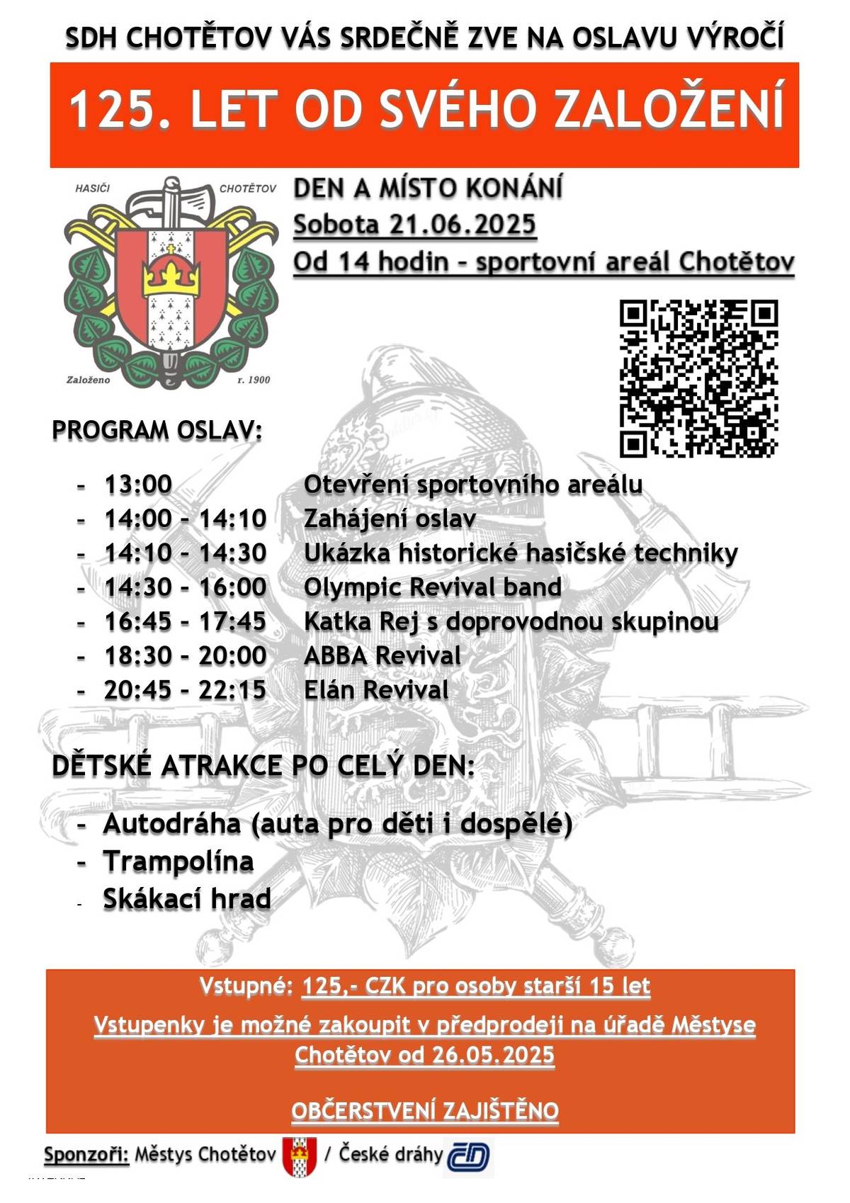 SDH Chotětov - pozvánka na oslavu výročí 125 let od svého založení, v sobotu 21.6.2025 od 14 hodin ve sportovním areálu Chotětov