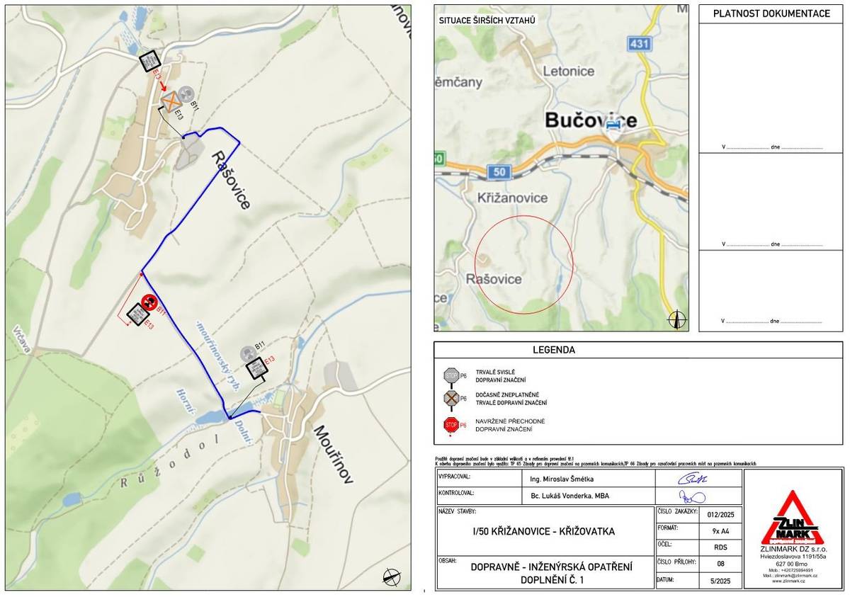 Vážení občané, po dobu uzavírky v Křižanovicích od 3.6.2025 do 31.8.2025 bude jen pro občany s trvalým pobytem v obci Mouřínov a Rašovice povolen průjezd přes komunikaci kolem rybníka na Rašovice k JZD. Žádáme občany, aby dbaly zvýšené opatrnosti na zmíněné komunikaci a v obci z důvodu zvýšeného provozu. Možnost průjezdu pro své občany zajistila obec Rašovice ve spolupráci s naší obcí Mouřínov.