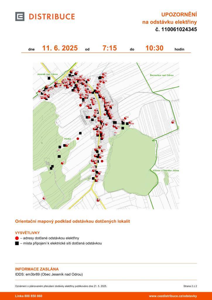 11. 6. 2025 7:15 - 10:30 hodin dojde k plánované odstávce elektřiny v místní části Hůrka, dle přílohy.