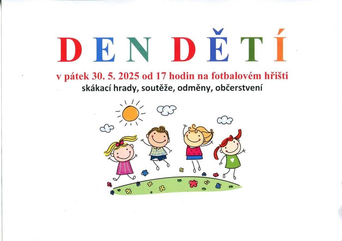 Vážení spoluobčané, zveme vás na tradiční Den dětí, který proběhne v pátek 30. 5. 2025 od 17 hodin na fotbalovém hřišti v Praskolesích.
