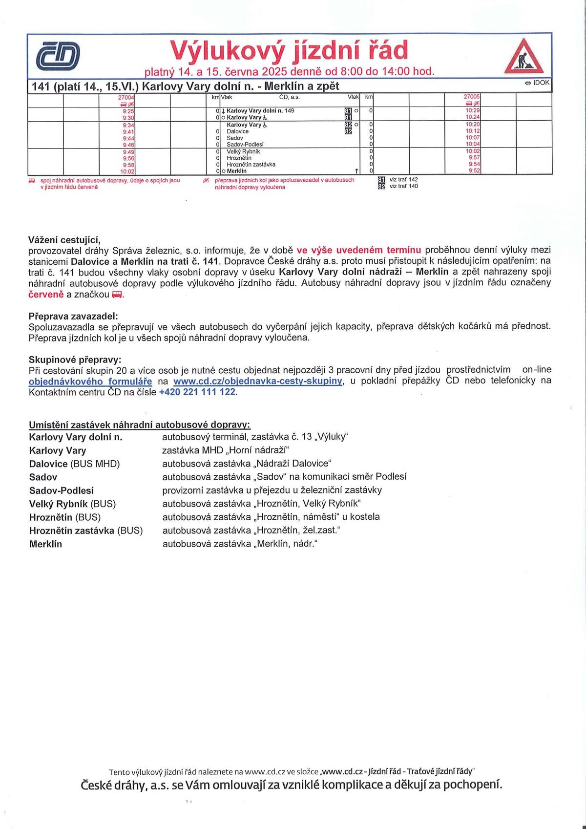 Oznámení o výluce vlaků ve dnech 14-15.6.2025