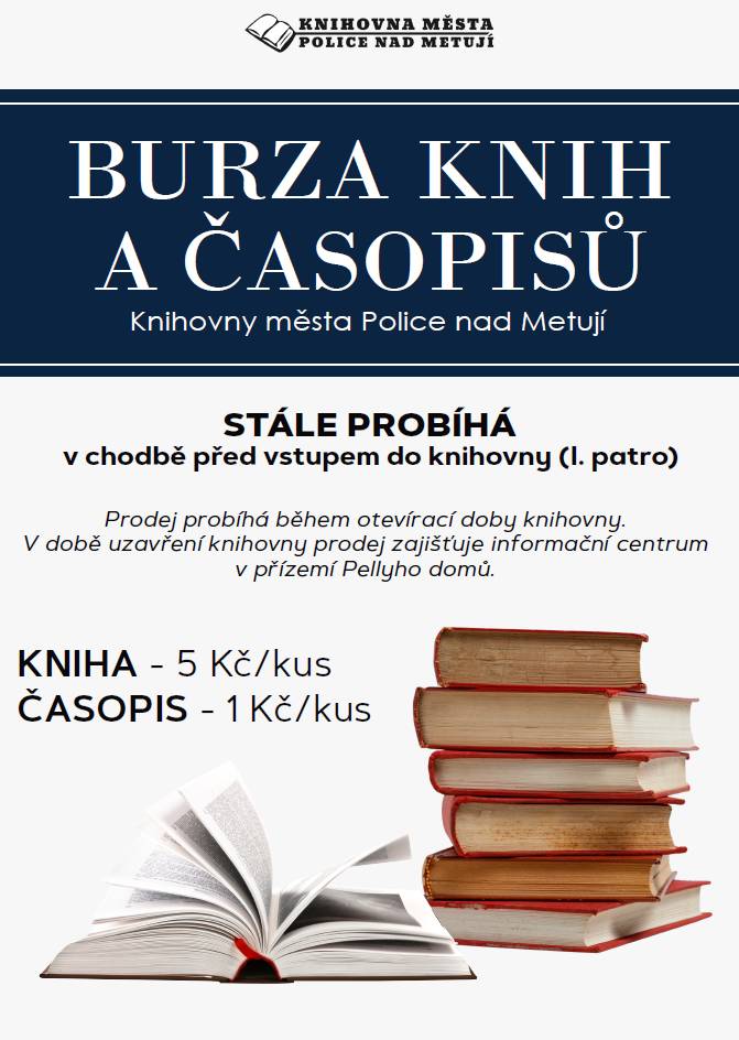 Knihovna města Police nad Metují informuje, že v chodbě před vstupem do knihovny stále pokračuje Burza knih a časopisů.