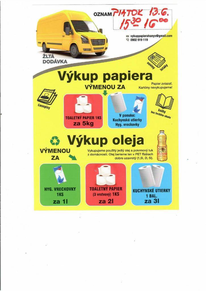 Dňa 13.06.2025 od 15.30 h do 16.00 h bude v obci prebiehať výkup papiera a výkup použitého oleja