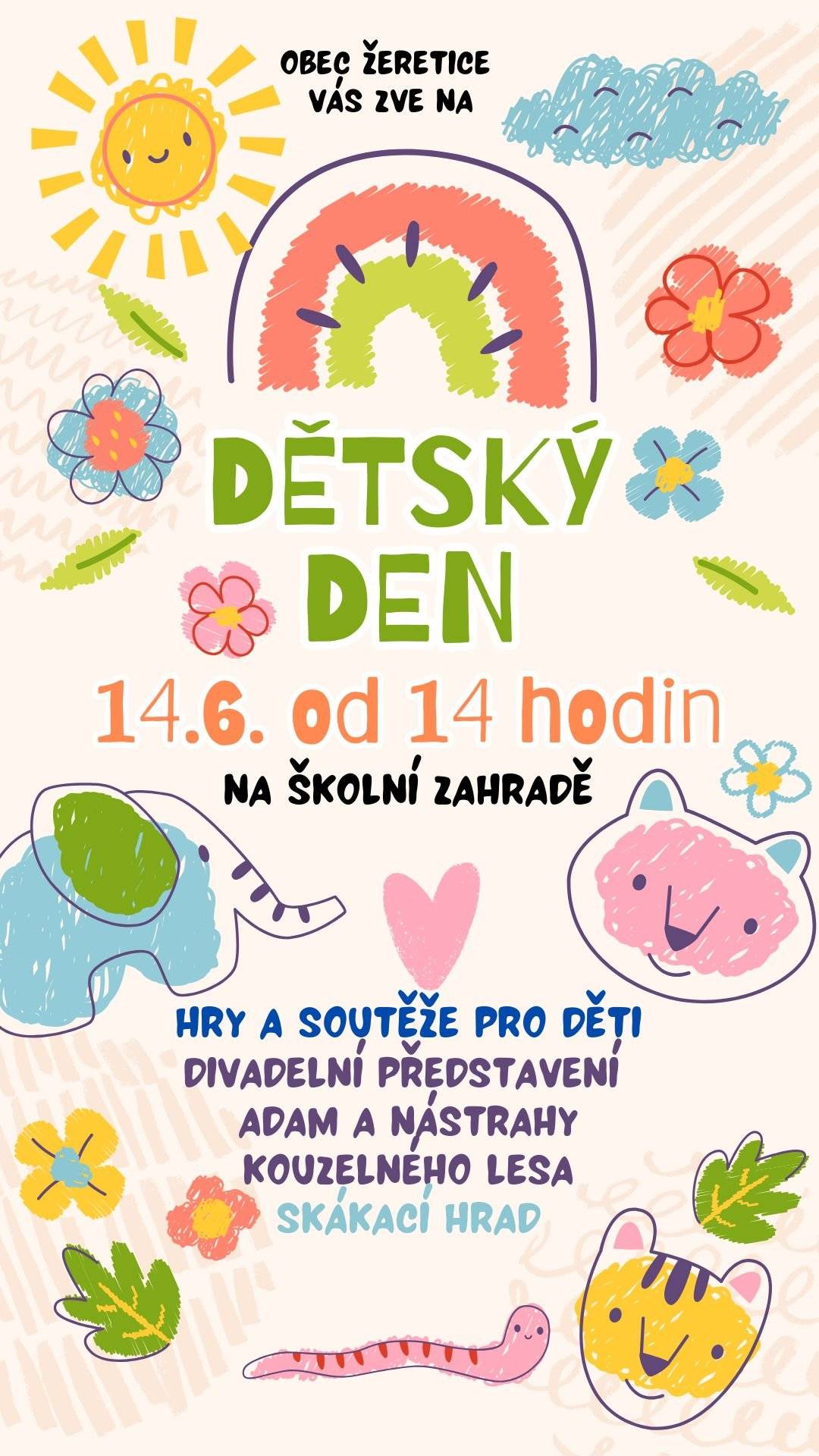 Hola hola občané! Zveme velké, střední i ty nejmenší na odpoledne plné her a zábavy v sobotu 14. června od 14 hodin🥳 Jako obvykle se na Vás budeme těšit na školní zahradě. Můžete se těšit nejen na hry a souteže, ale i na divadelní představení paní Evy Kotyzové - Adam a nástrahy kouzelného lesa. Děti si mohou zařádit na velkém skákacím hradu a den zakončíme opečením špekáčků! Těšíme se na Vás 😍