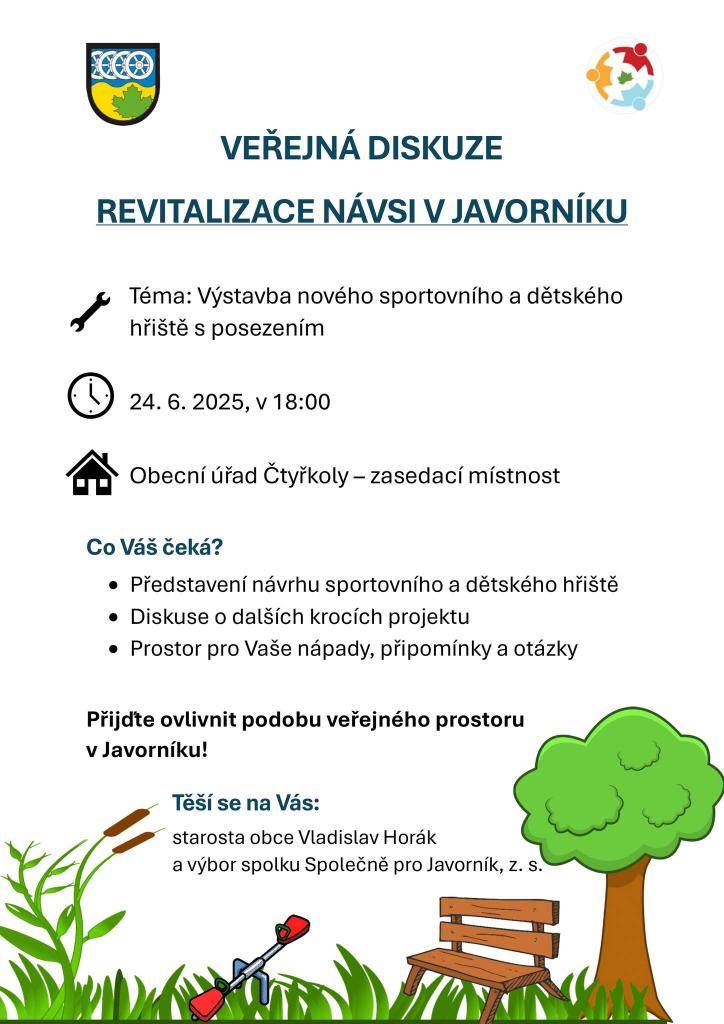 Veřejná diskuze pořádaná spolkem Společně pro Javorník a obecním úřadem proběhne 24.6. od 18 hodin v zasedací místnosti obecního úřadu. Představen a diskutován bude návrh revitalizace návsi v Javorníku.