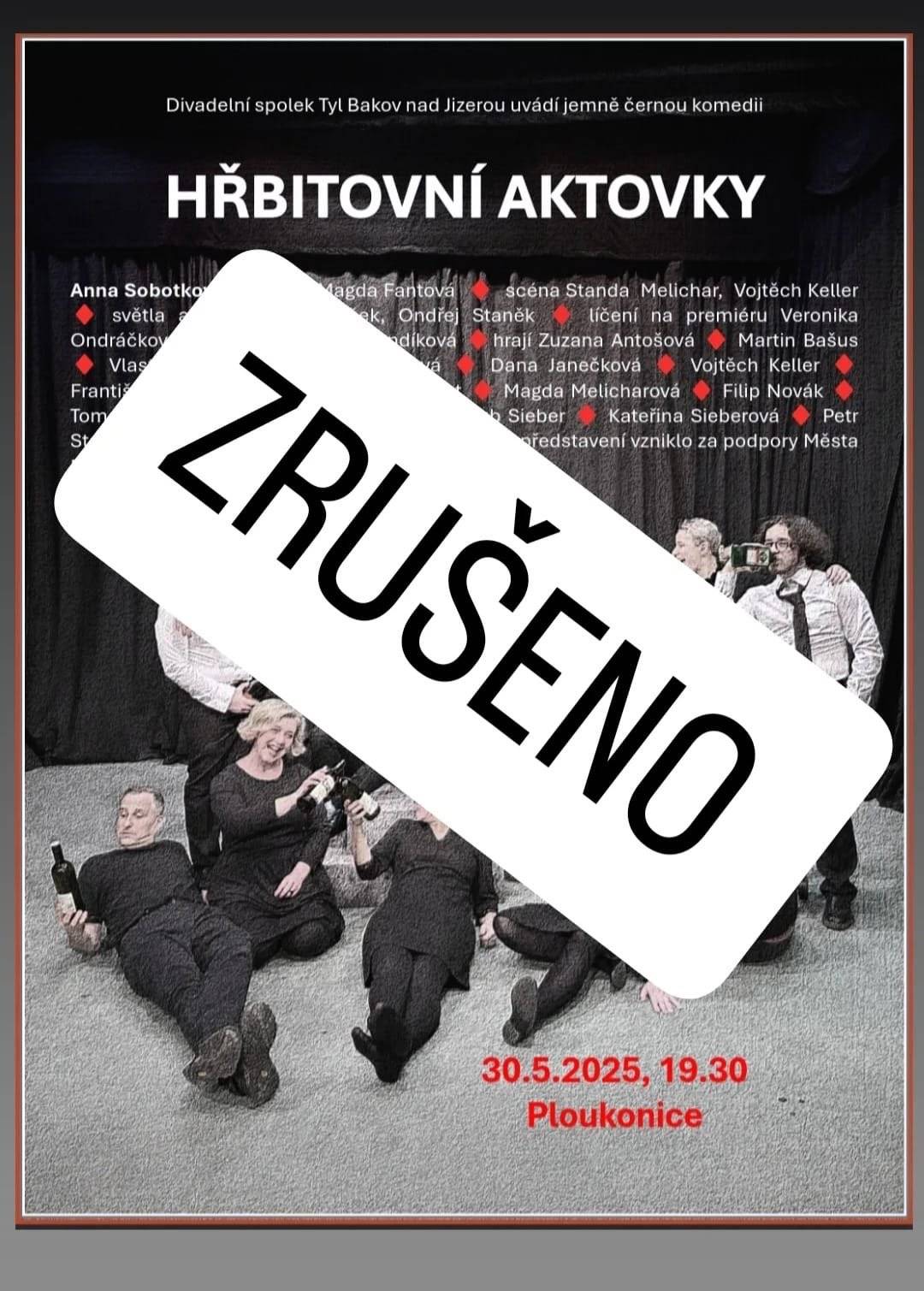Vážení občané, páteční divadlo v Ploukonicích, které se mělo uskutečnit v pátek 30.5. bylo zrušeno ze zdravotních důvodů.