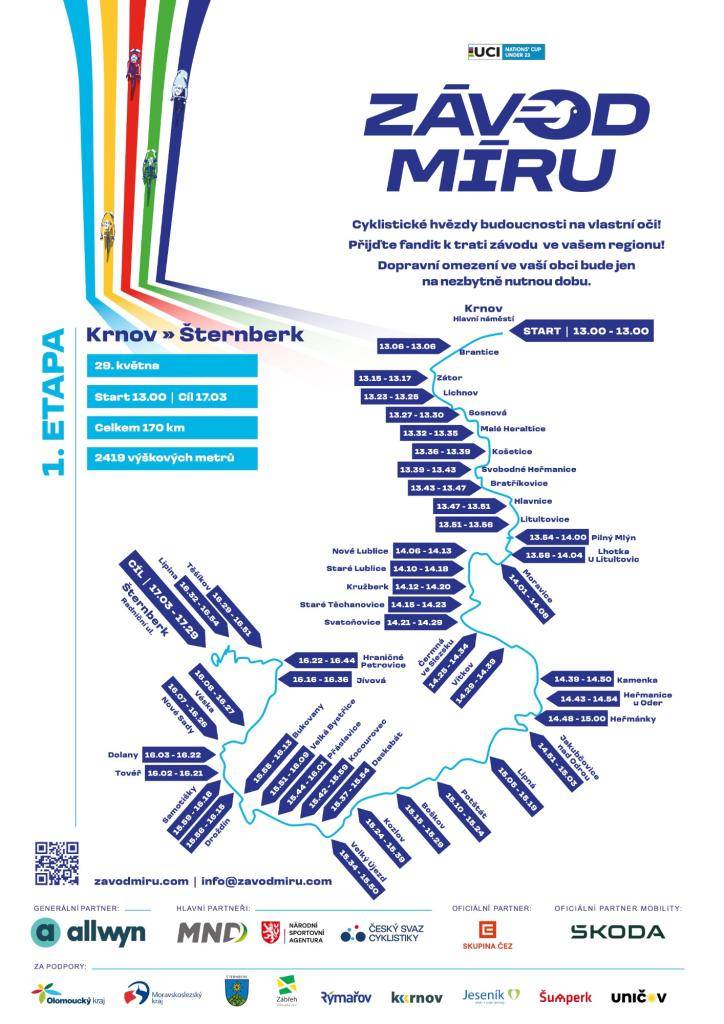 1. etapa cyklistického závodu odstartuje již ve čtvrtek 29. května 2025 a kolem naší obce projede v čase 14:25 -14:34. Přijďte k hlavní cestě podpořit závodníky, a počítejte prosím s menším dopravním omezením v tuto dobu.