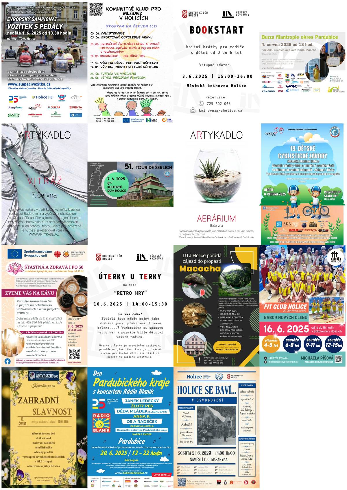 Vážení spoluobčané, přinášíme vám přehled akcí, které se v červnu uskuteční v Holicích a okolí: 1. června – Holice – Evropský šampionát vozítek s pedály 3. června – Holice – Canisterapie – Komunitní klub pro mládež Holice 3. června – Holice – Bookstart – Městská knihovna Holice 4. června – Holice – Burza filantropie 5. června – Holice – Sportovní odpoledne venku – Komunitní klub pro mládež Holice 7. června – Holice – 51. Tour de Šerlich  7. června – Holice – Vitráž – Artykadlo 8. června – Holice – 19. Dětské cyklistické závody 8. června – Holice – Aerárium – Artykadlo 9. června – Holice – Zveme vás na kávu – Holoubek Rodinné Centrum 10. června – Holice – Úterky u Terky – Městská knihovna Holice 10. června – Holice – Ukončení školního roku s rodiči – Komunitní klub pro mládež Holice 12. června – Holice – Workshop "Jak říkat ne" – Komunitní klub pro mládež Holice 14. června – Holice – Zájezd do propasti Macocha  16. června – Holice – Nábor nových členů – FIT CLUB Holice 17. června – Holice – Výroba dárku pro paní učitelku – Komunitní klub pro mládež Holice 19. června – Holice – Výroba dárku pro paní učitelku – Komunitní klub pro mládež Holice 19. června – Holice – Zahradní slavnost – ZŠ Komenského Holice 20. června – Pardubice – Den Pardubického kraje – Pardubický kraj 21. června – Holice – Holice se baví... v osvobození 24. června – Holice – Turnaj ve vybíjené – Komunitní klub pro mládež Holice 26. června – Holice – Vítání prázdnin piknikem – Komunitní klub pro mládež Holice
