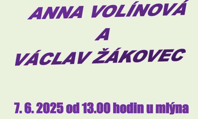 V sobotu 7.6.2025 bude v mlýně posezení s "Muzikou u mlýna".  Zpěv a hudbu zajišťuje Anna Volínová a Václav Žákovec.