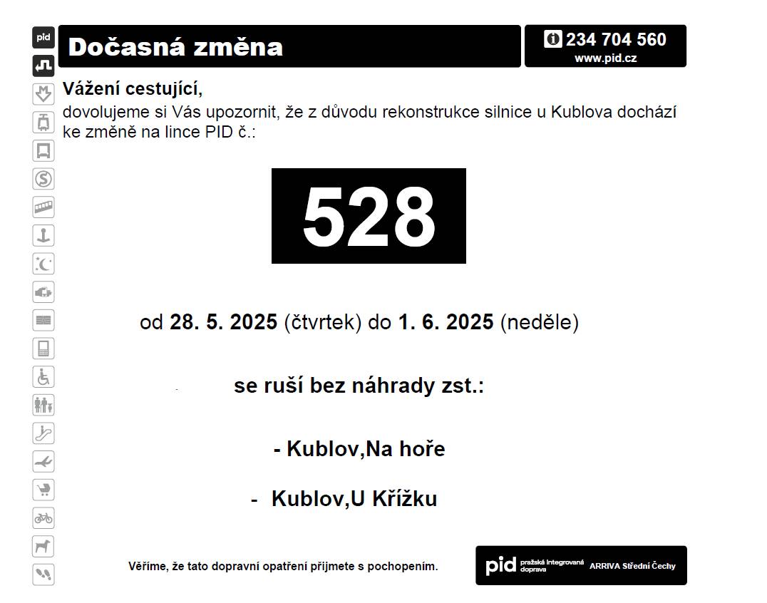 Dopravní opatření 0399/25 – Svatá (Kublov), na základě, kterého budou změny na linkách 528 a 638 ve smyslu přesunutí a rušení zastávek.