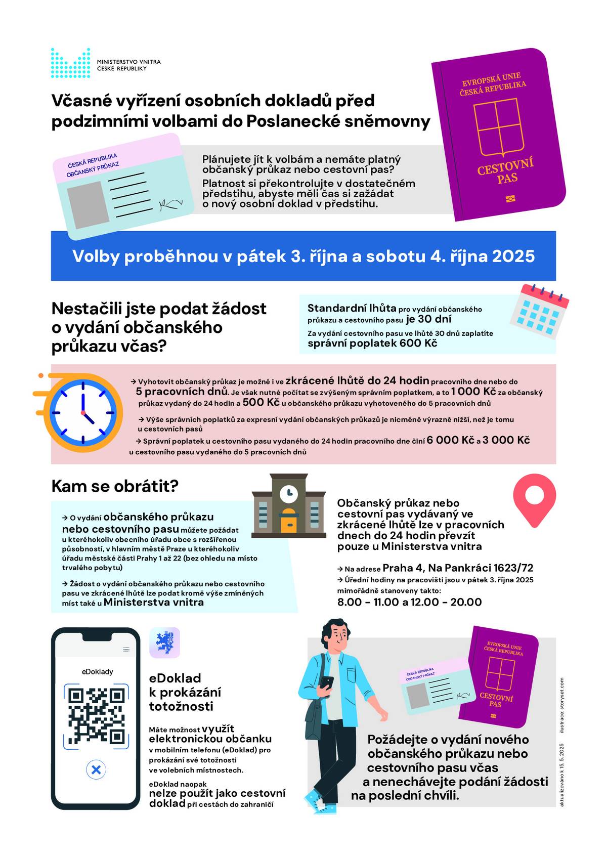 Volby 3.-4.10.2025. V příloze naleznete plakát upozorňující na včasné vyřízení žádostí o osobní doklady a plakát týkající se cestování.