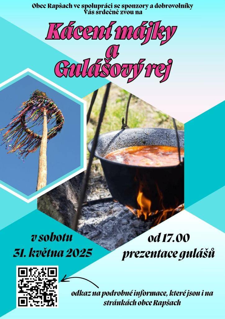 Již v sobotu na nás čeká soutěž o Nejlepší rapšašský guláš!    Přijďte podpořit soutěžní týmy !  Od 14 hodin je připravena reprodukovaná hudba a občerstvení ☺️  Hlasování o Nejlepší rapšašský guláš 2025 bude probíhat pouze od 17 do 18 hodin.