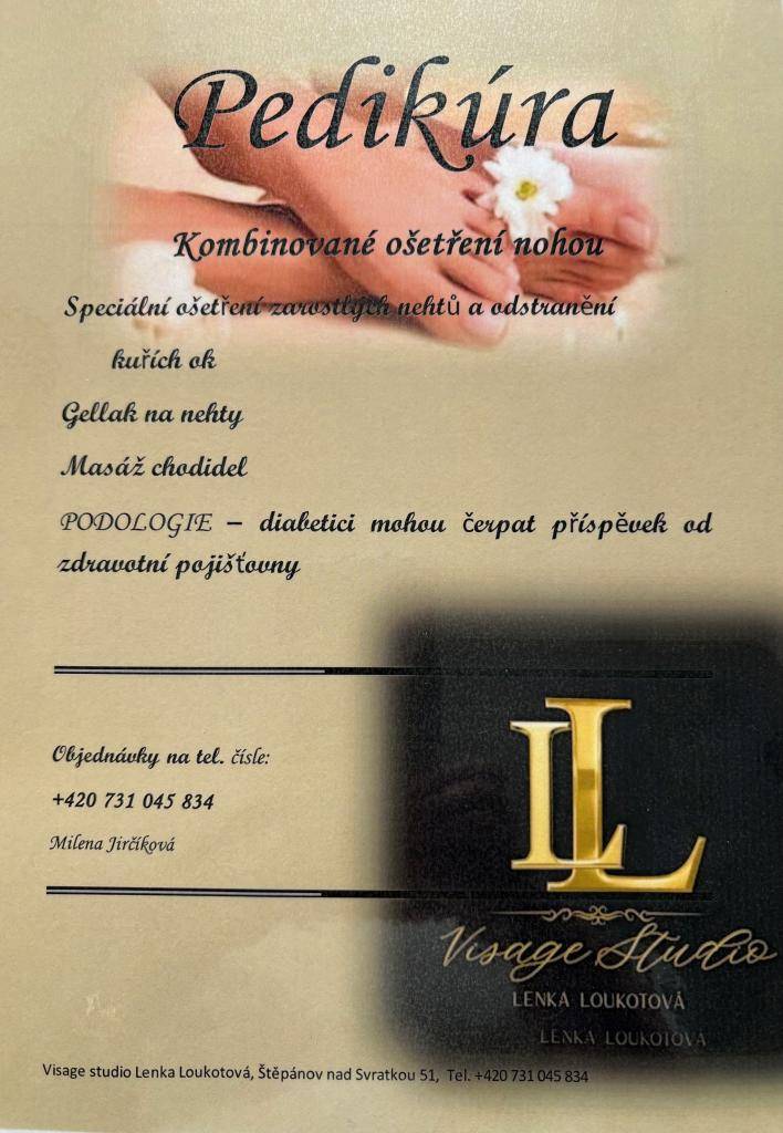Visage studio, vedené Lenkou Loukotovou, nabízí nově pedikúru a specializované podologické ošetření pro diabetiky. Ti mohou využít příspěvek od zdravotní pojišťovny.  Pro více informací a objednání kontaktujte Milenu Jirčíkovou na telefonním čísle  420 731 045 834.