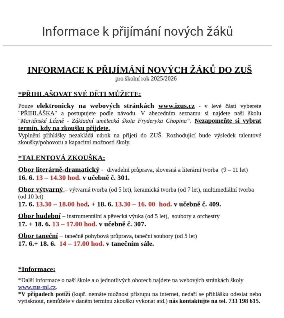 Základní umělecká škola Fryderyka Chopina zveřejnila informace k přijímání nových žáků pro školní rok 2025/2026.