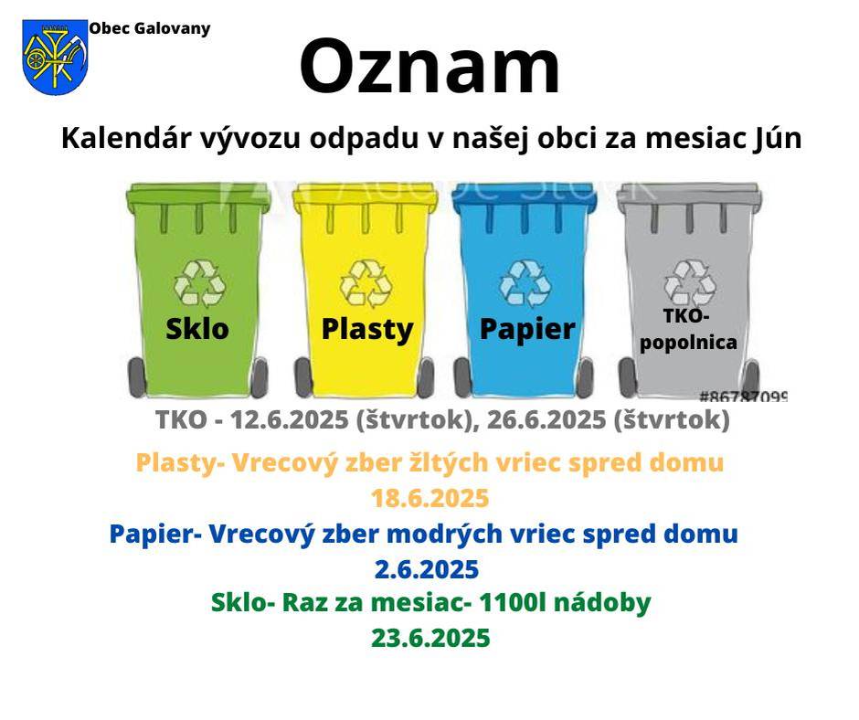 ♻️ Oznam pre občanov – Kalendár vývozu na mesiac jún 2025   Milí obyvatelia, prinášame Vám aktuálne termíny zberu odpadu v našej obci:  ▶️ 26.6.2025 (štvrtok) TKO-popolnice  ▶️ 12.6.2025 (štvrtok)   Pasty–žlté vrecia spred domu 18.6.25 (streda)  Papier-modré vrecia spred domu 2.6.25 (pondelok)