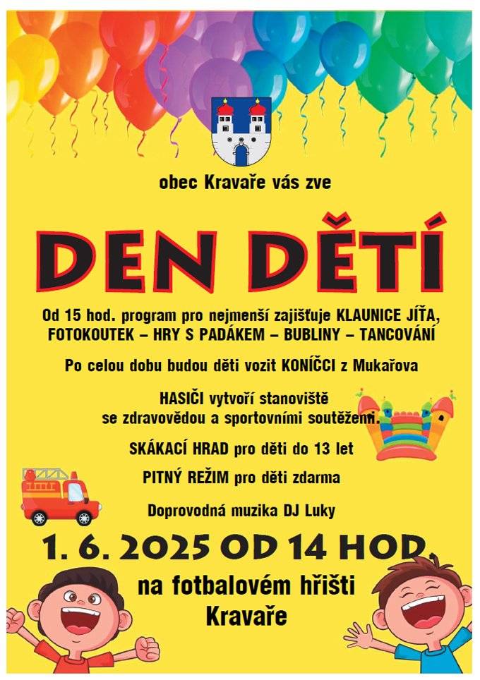 Připomínáme již zítra 1.6.2025 Den dětí v Kravařích. Těšíme se na Vás od 14:00 na fotbalovém hřišti.