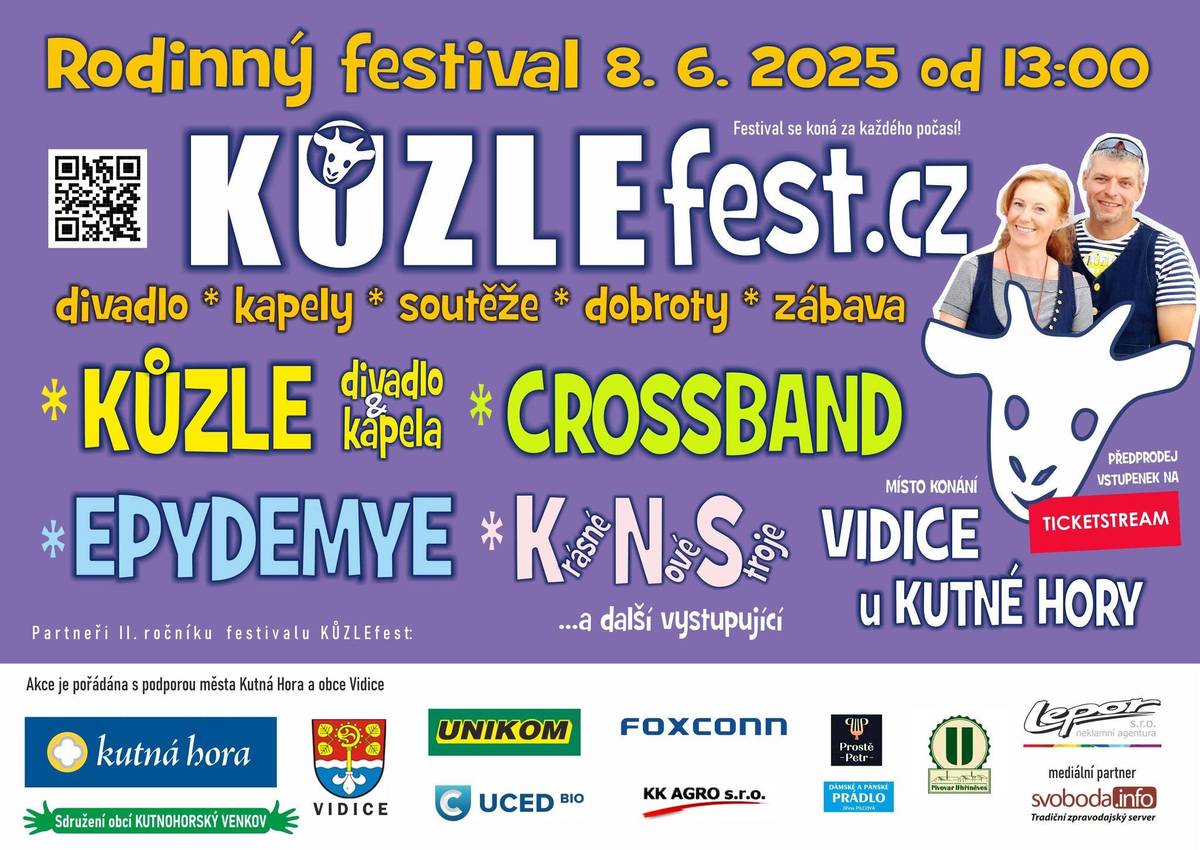 Kůzlefest 2025, v neděli 8.6. od 13:00 ve Vidicích představí kapely jako je Epydemye, CROSSBAND, Krásné Nové Stroje a divadlo a kapelu Kůzle.  Rozšířený a notně omlazený soubor Kůzlete dále vystoupí na pódiu určenému pro děti s festivalovým kabaretem, v dalším čísle s Kůzletem zazpívají děti ze ZŠ Malešov a čeká vás i netradiční taneční kurz opravdového tanečního profesionála. Vstupenky pro občany Vidic, Tuchotic, Roztěže, Karlova, Nové Lhoty, a to i včetně chatařů jsou zvýhodněné - děti zdarma, dospělí za 100,-Kč. občerstvení na místě zajištěno, akce se koná za každého počasí.  Více informací na www.kuzlefst.cz .