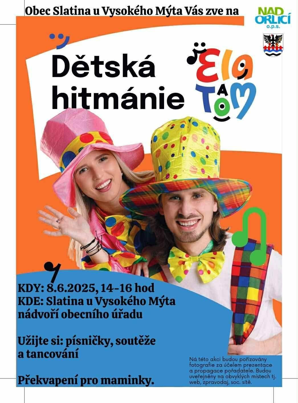 Na oslavu Dne dětí vás zveme v neděli 8.června od 14 do 16 hodin. O zábavu se postará duo Ela a Tom, občerstvení pro malé i velké je zajištěno.