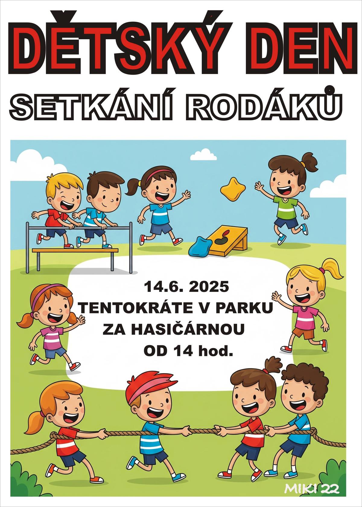 Dětský den a setkání rodáků se tentokráte uskuteční v parku za hasičárnou 14.6.2025 od 14 hodin. Spousta soutěží pro děti a občerstvení je zajištěno.