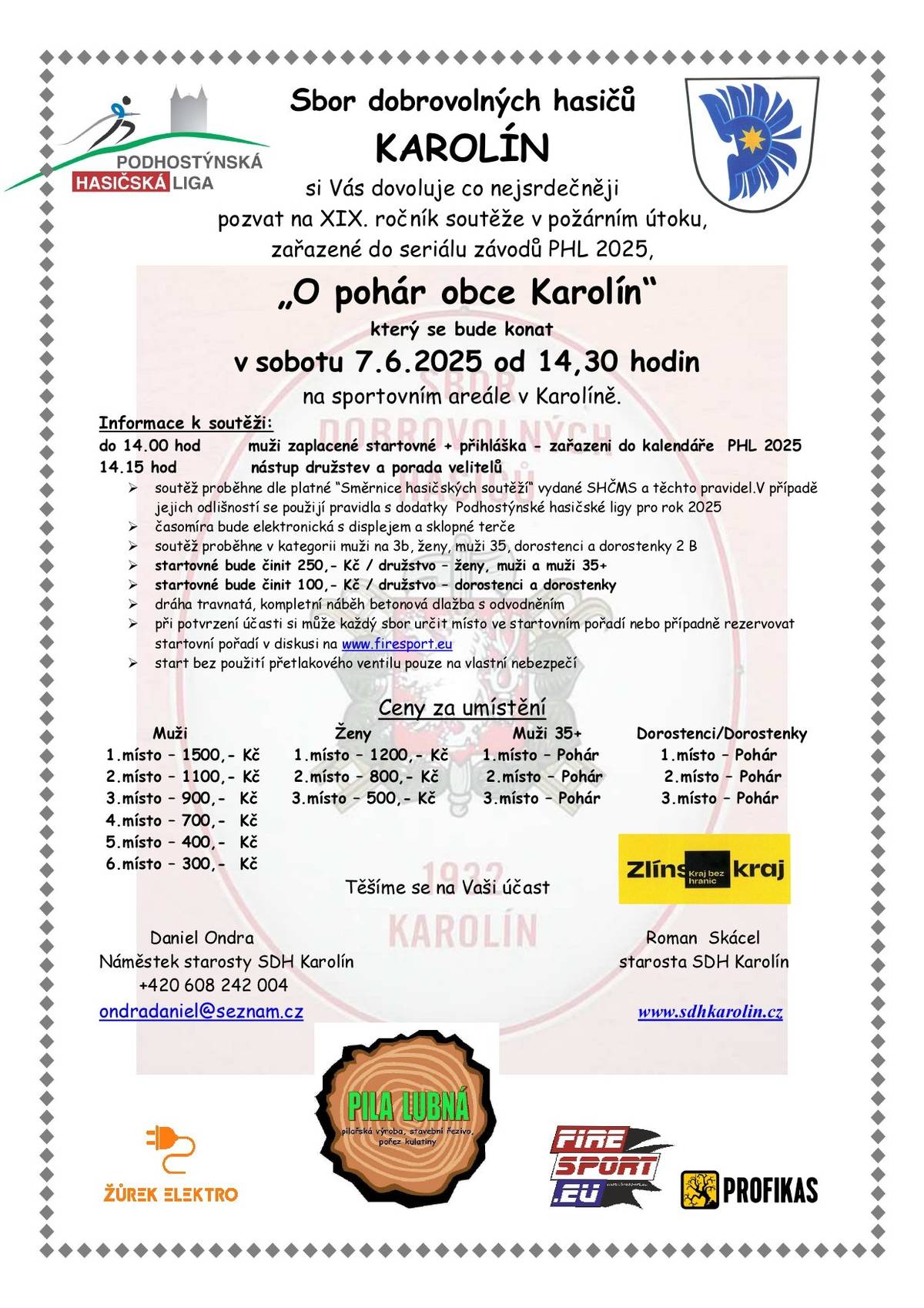 SDH Karolín zve všechny své příznivce a příznivce hasičského sportu, na hasičský víkend na Karolíně. A to již v sobotu 7.6.2025, kdy od 14:30 hodin na kulturně-sportovním areálu, proběhne soutěž v požárním útoku, zařazena do seriálu Podhostýnské hasičské ligy. Karolín na tomto závodě bude reprezentovat družstvo mužů, žen a mužů nad 35 let. Na sobotu navazujeme hned nedělí 8.6.2025, kdy od 14:00 hodin se představí ti nejmenší, čeká nás závod mladých hasičů v požárním útoku. Zde budou Karolín reprezentovat hned dvě družstva, a to mladší a starší. Přijďte tak podpořit domácí týmy a nasát tu správnou sportovní atmosféru. Bohaté občerstvení zajištěno.