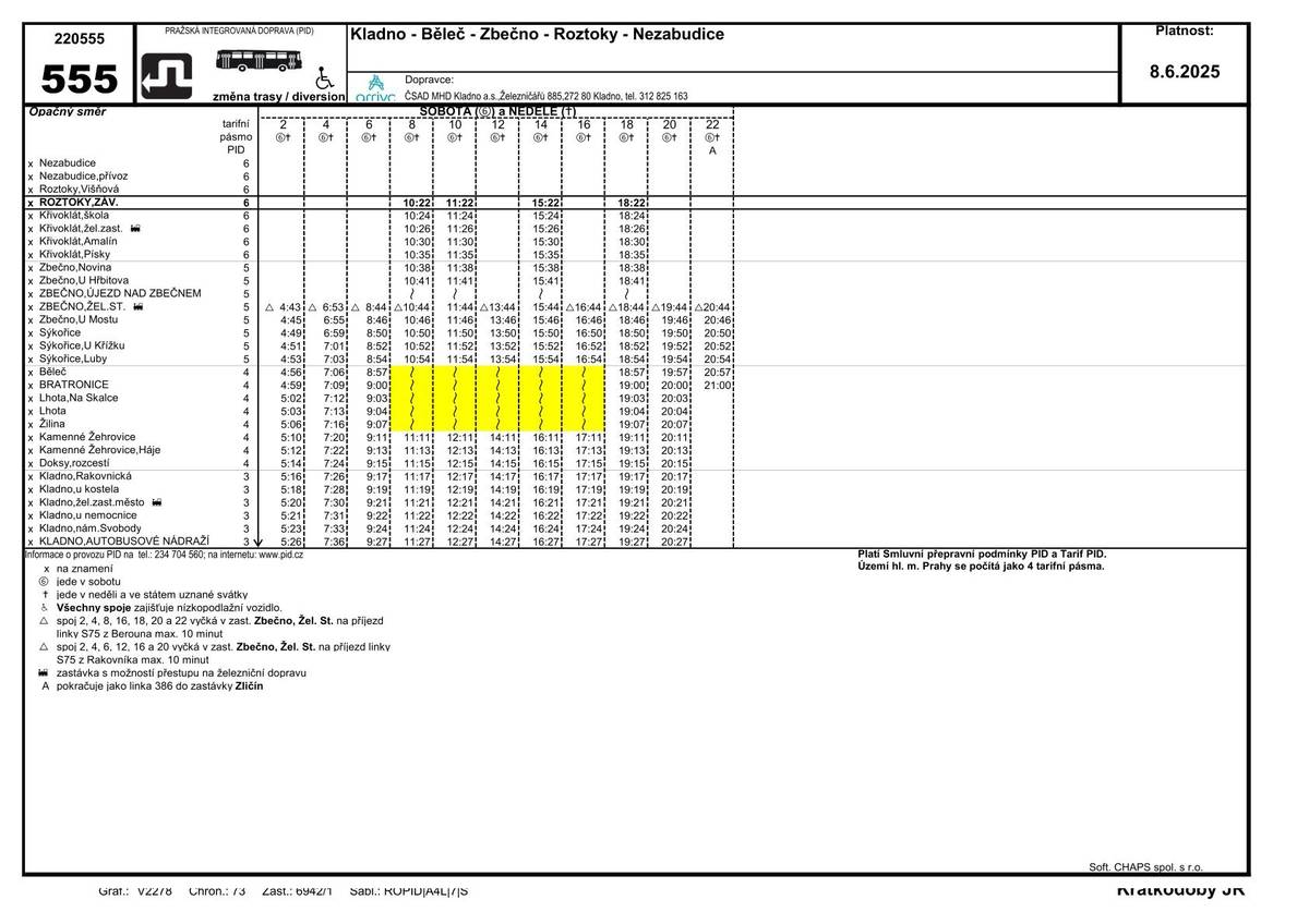 Z důvodu konání závodu "Bělečské okruhy" dojde v neděli 8. 6. 2025 od 9.00 do 17.30 hodin k úplné uzavírce silnice II/201. S ohledem na souběžnou uzavírku silnice III/1161 Žilina-Ploskov, budou spoje linky 555 od 9.00 do 17.30 hodin vedeny objížďkou přes obec Lány. Z tohoto důvodu nebudou v uvedeném čase obslouženy obce Běleč, Bratronice, Lhota a Žilina.