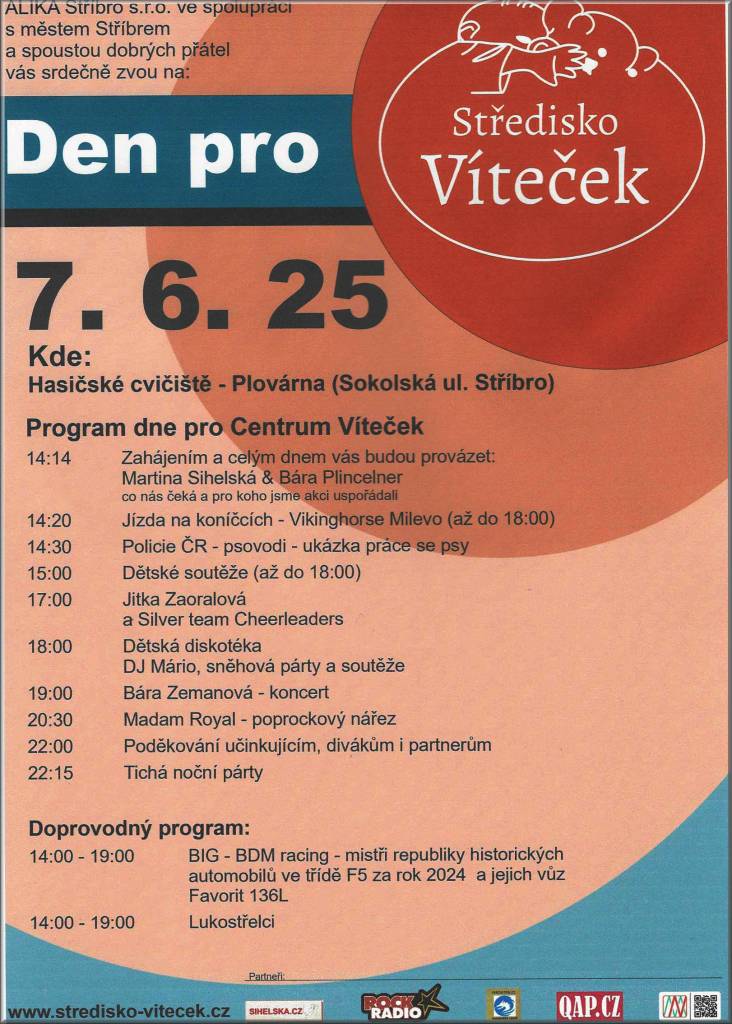 Město Stříbro a Alina Sutidto S.T.0. zvou na den plný zábavy a soutěží pro Centrum Víteček, který se koná 7. června 2025 na Plovárně. Čeká vás bohatý program pro děti i dospělé včetně jízdy na koníčcích, ukázky práce psovodů a koncertů.