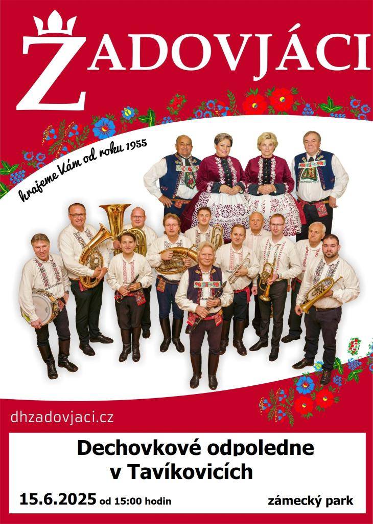 Obec Tavíkovice Vás srdečně zve na dechové odpoledne s kapelou Žadovjáci v neděli 15.6.2025 v 15:00 v zámeckém parku.