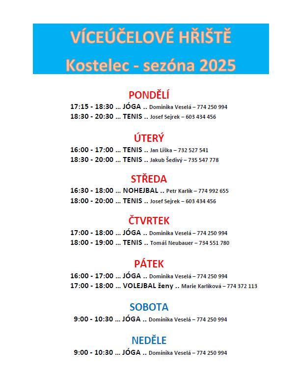 Víceúčelové hřiště Kostelec - sezóna 2025