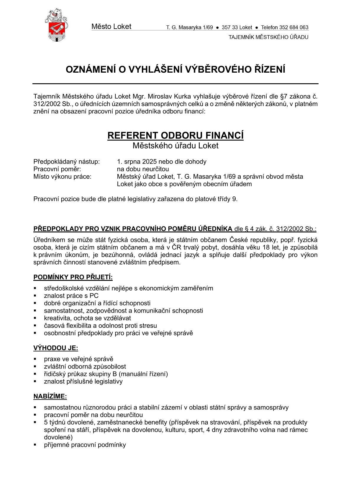 Tajemník Městského úřadu Loket vyhlašuje výběrové řízení