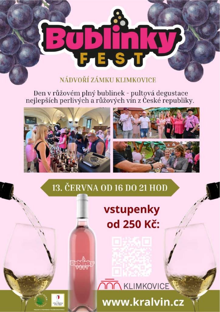 V pátek 13. června od 16 do 21 hodin proběhne na zámku v Klimkovicích festival šumivých a růžových vín. Degustace vín z celé ČR a příjemná atmosféra zaručena.