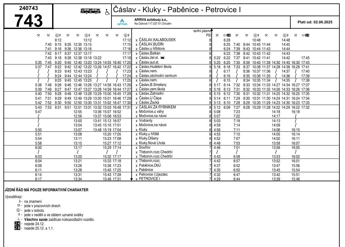 Od pondělí 2. 6. 2025 autobusy linky PID 743 opět začnou obsluhovat zastávku v obci Vodranty.   Nový jízdní řád linky 743 však bude platit pouze od 2. 6. 2025 do 8. 6. 2025.   Poté bude kvůli stavebním pracím na Čeplově v Čáslavi vydán nový jízdní řád s platností od 9. 6. 2025 do cca. 24. 8. 2025.