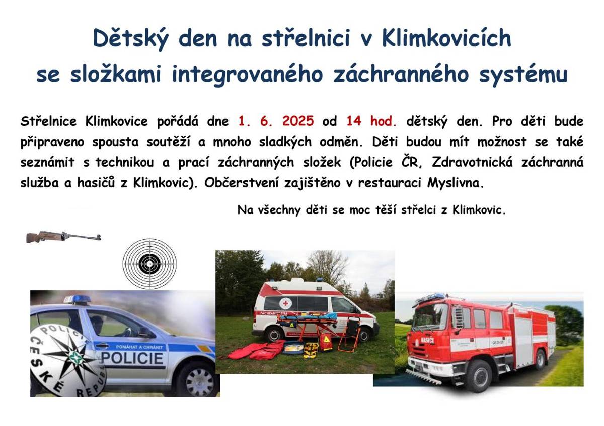 Zveme vás na dětský den v Klimkovicích se složkami IZS, soutěžemi a doprovodným programem. Skvělý tip na výlet pro rodiny s dětmi ze Zbyslavic a okolí.