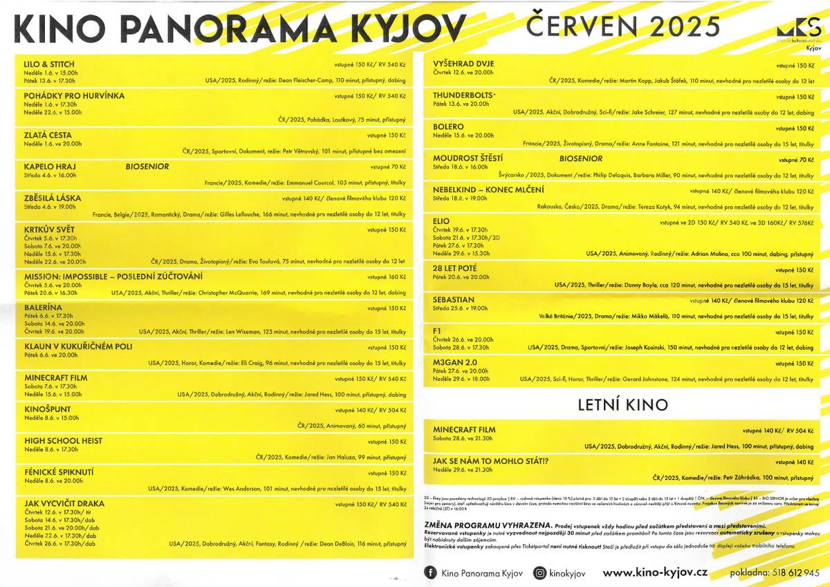 KINO PANORAMA KYJOV - PROGRAM NA ČERVEN 2025