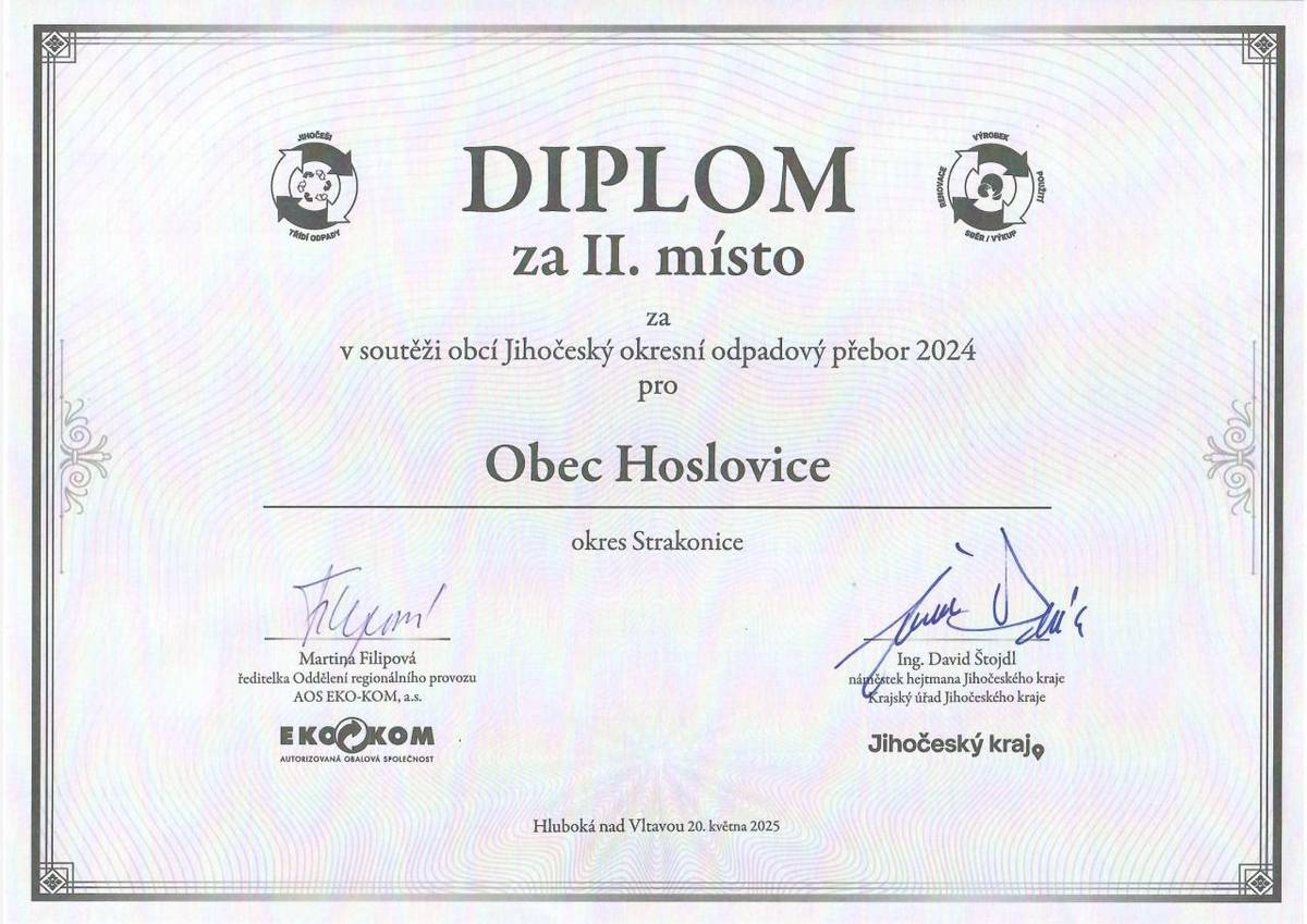 Naše obec se umístila na vítězných příčkách v soutěži obcí Jihočeský okresní odpadový přebor 2024.  Velké díky Vám všem, za to, že třídíte, šetříme tak nejen přírodu, ale i rozpočet obce.